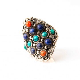 Anello Rombo in Argento, Turchese, Lapis e Corallo